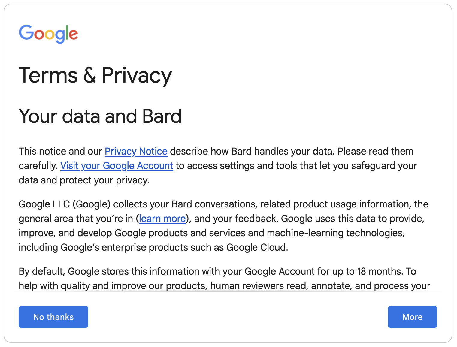 Bard Terms and Privacy Confirmation Message