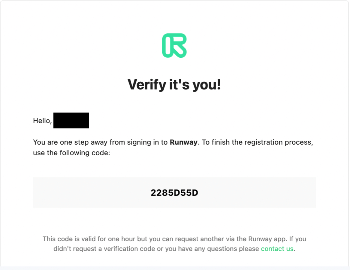 runway account setup email verification code